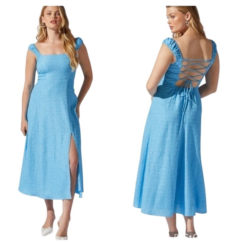 ASTR The Label Crinkle Shoulder Midi Dress with Slit Blue Size Large